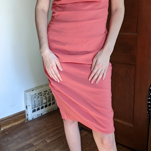 Y2K Ruched Bodycon Midi Dress Salmon Pink - Picture 3 of 8